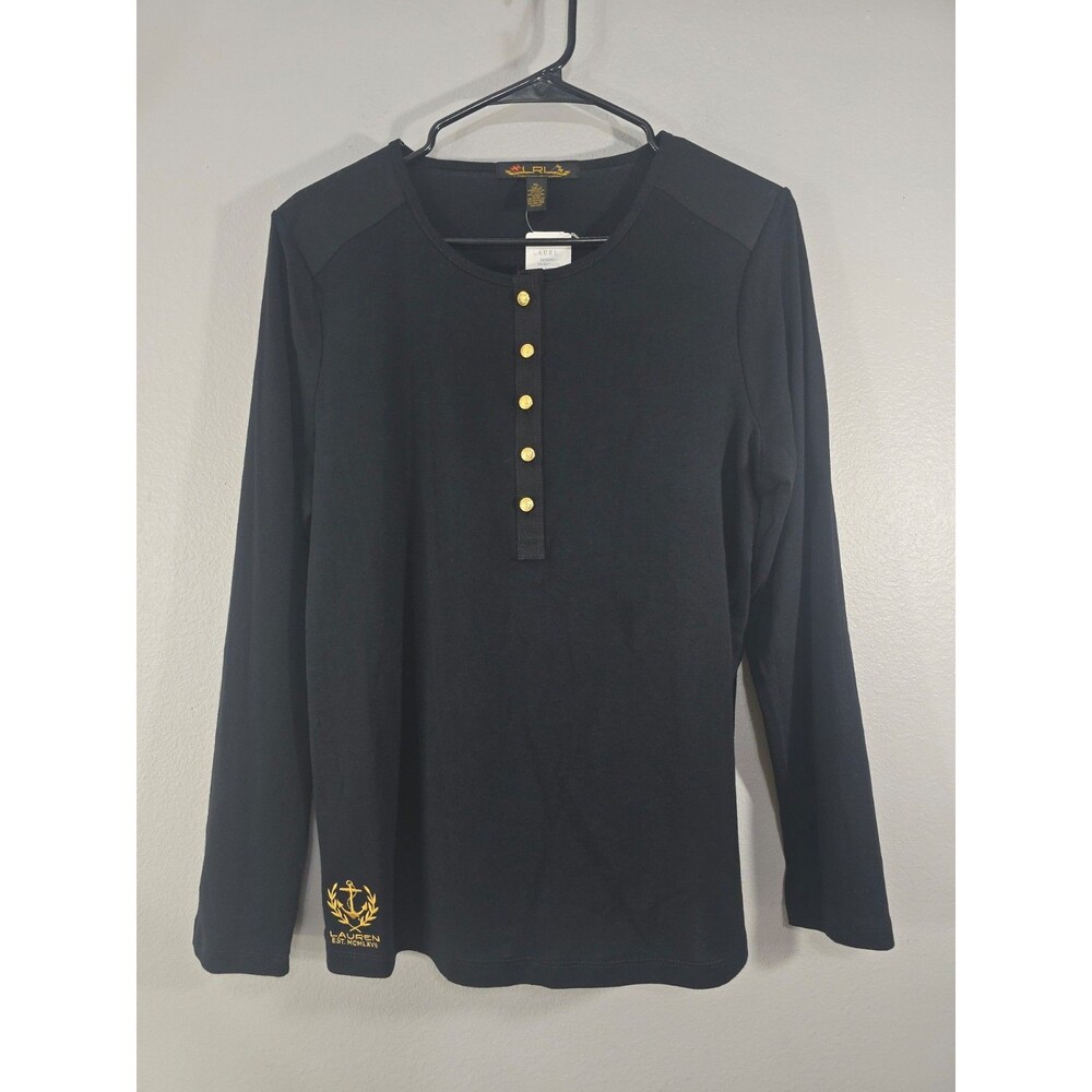 Ralph Lauren LRL XL Black Henley Gold Buttons Embroidered Anchor Crest NWT AG